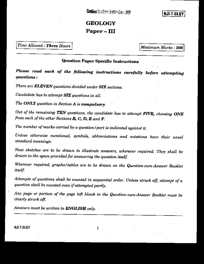UPSC CGGE 2020 (Mains) Question Paper Geology Paper III - Page 1