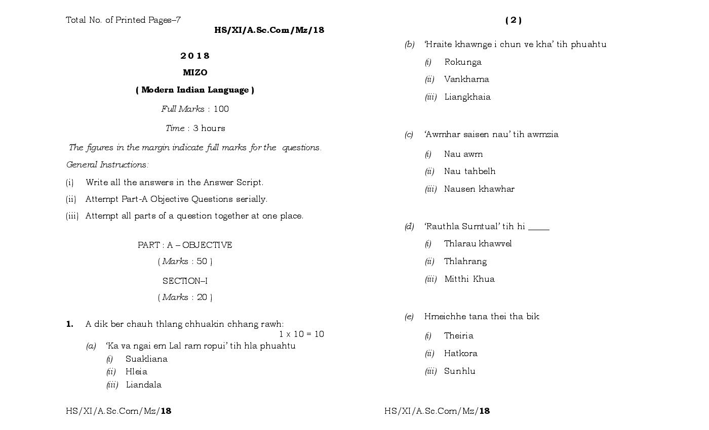 MBOSE Class 11 Question Paper 2018 for Mizo MIL - Page 1 of 4