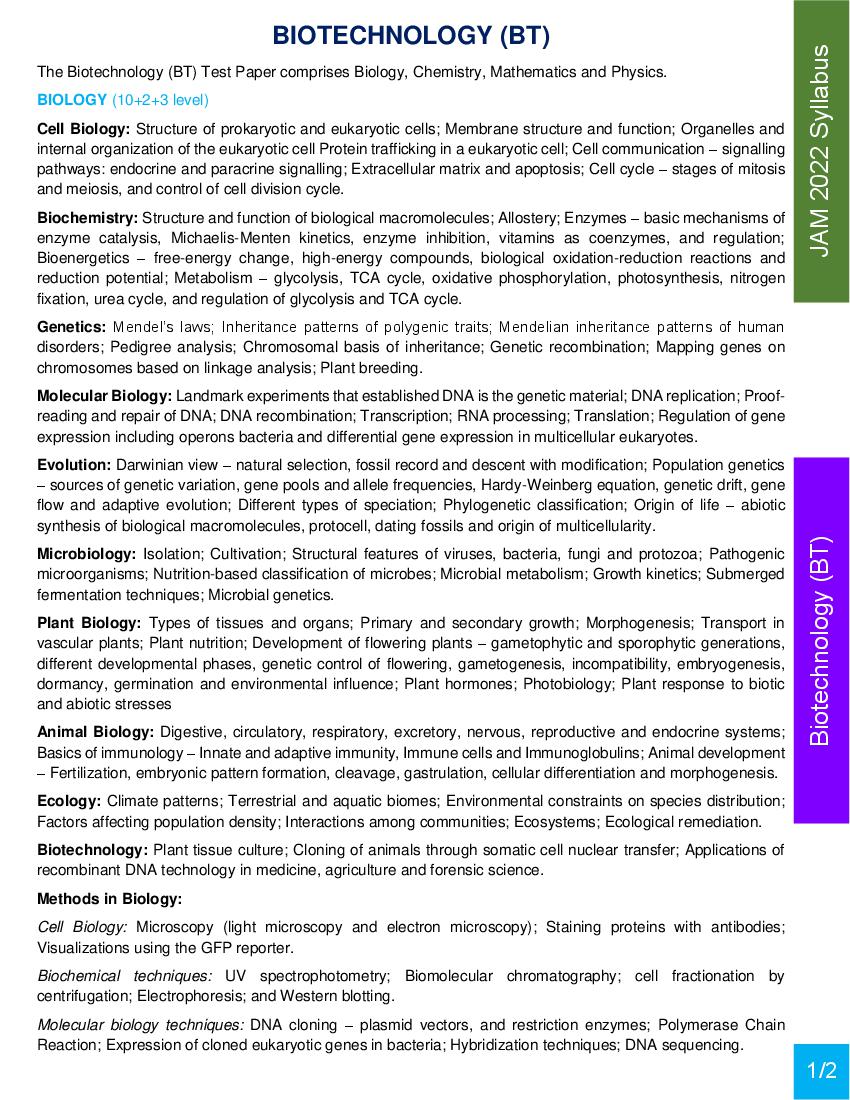 JAM 2022 Syllabus Biotechnology (BT) - Page 1