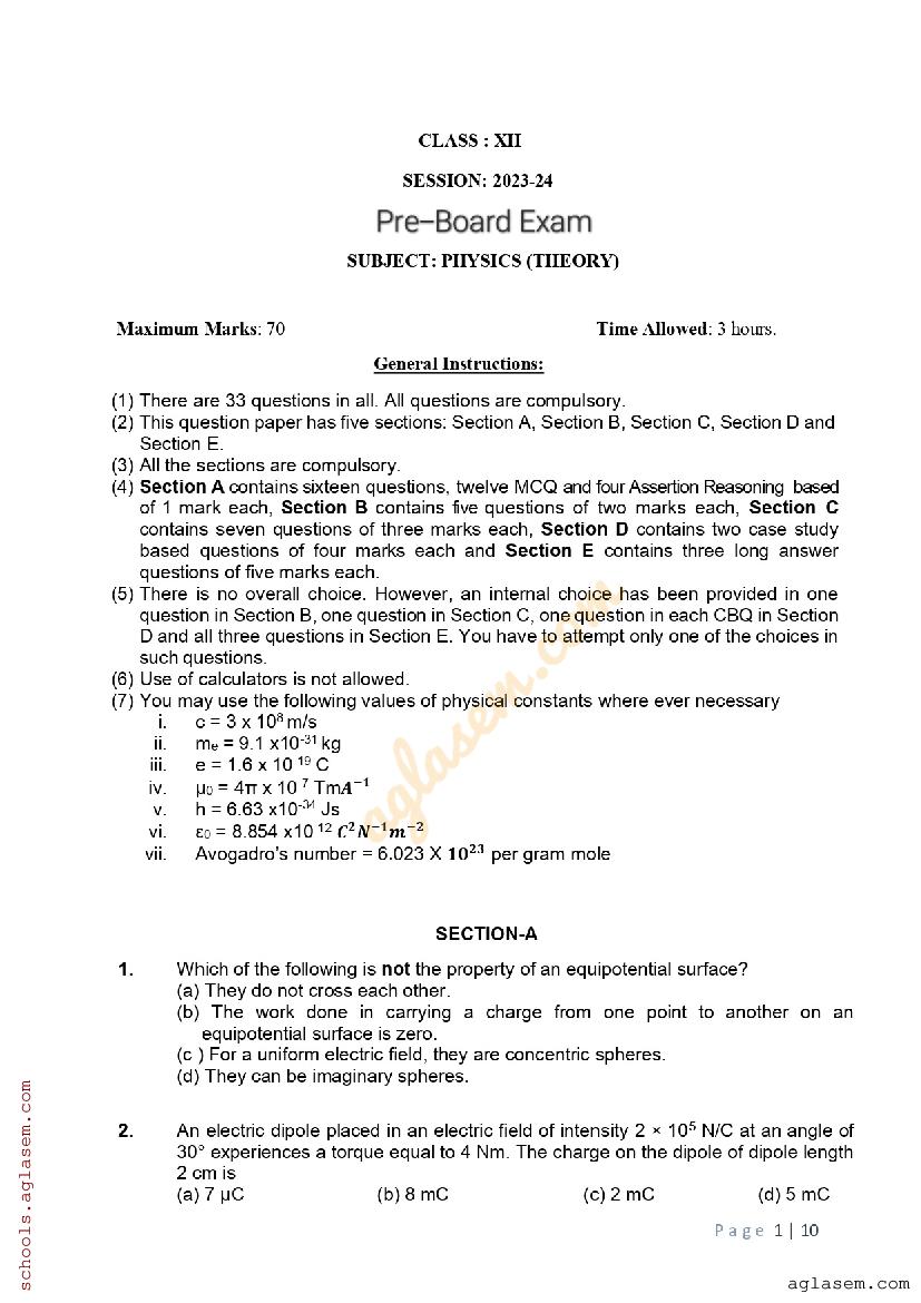 UP Board Class 12 Pre-Board Question Paper 2024 Physics - Page 1