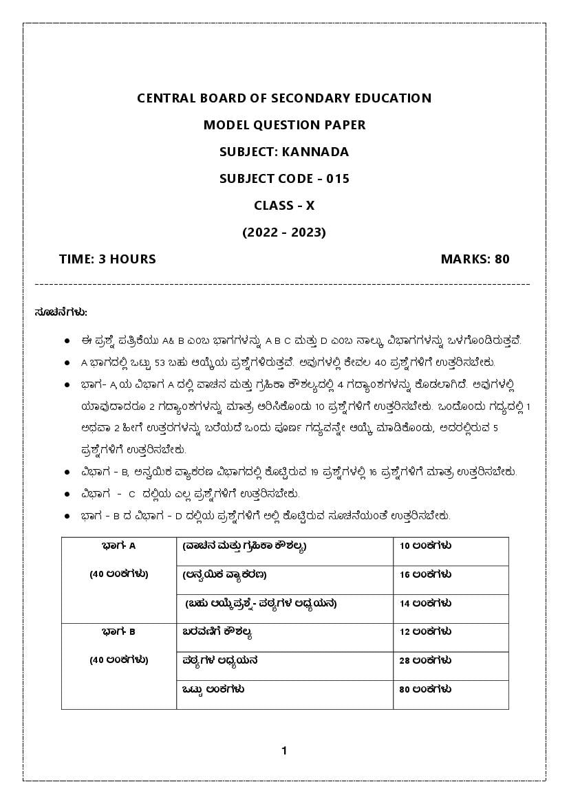CBSE Class 10 Sample Paper 2023 for Kannada