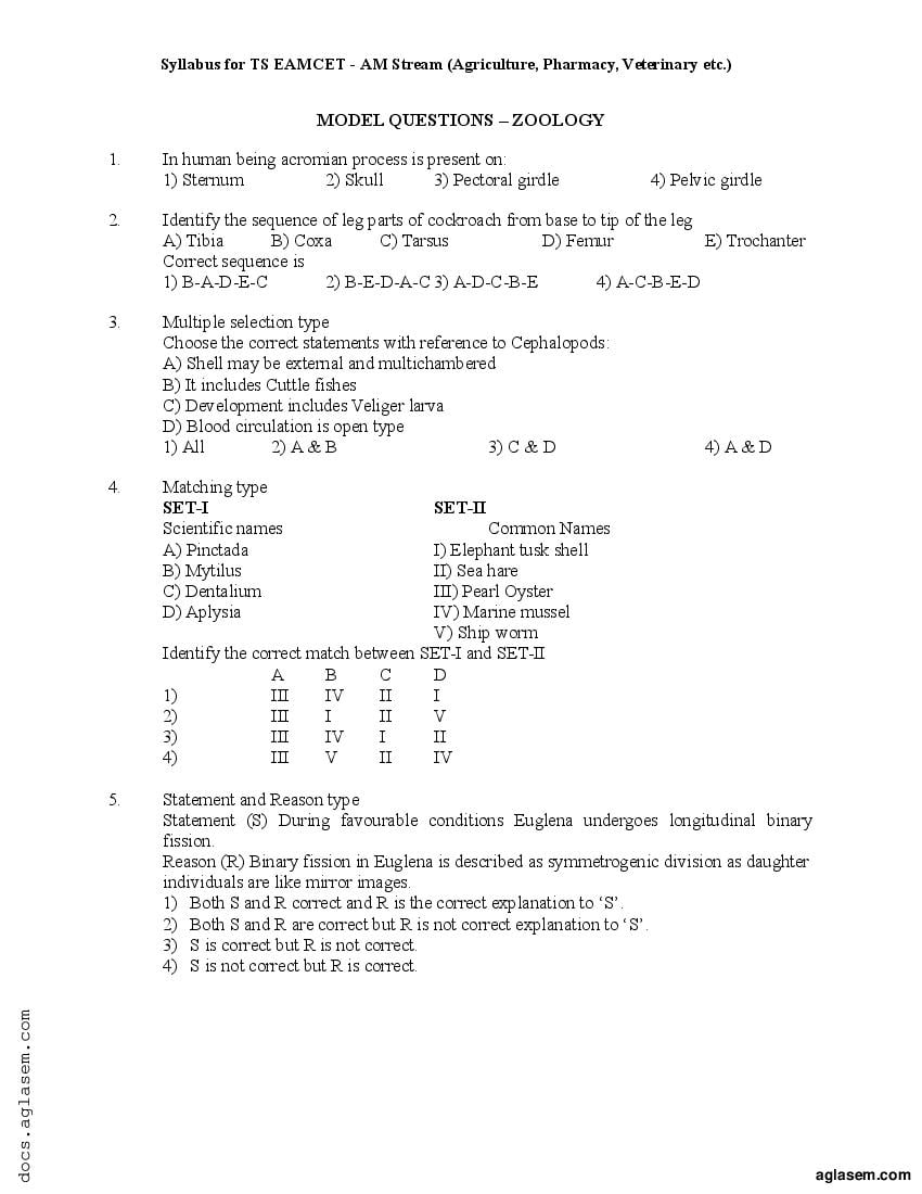 TS EAMCET Model Paper Zoology - Page 1