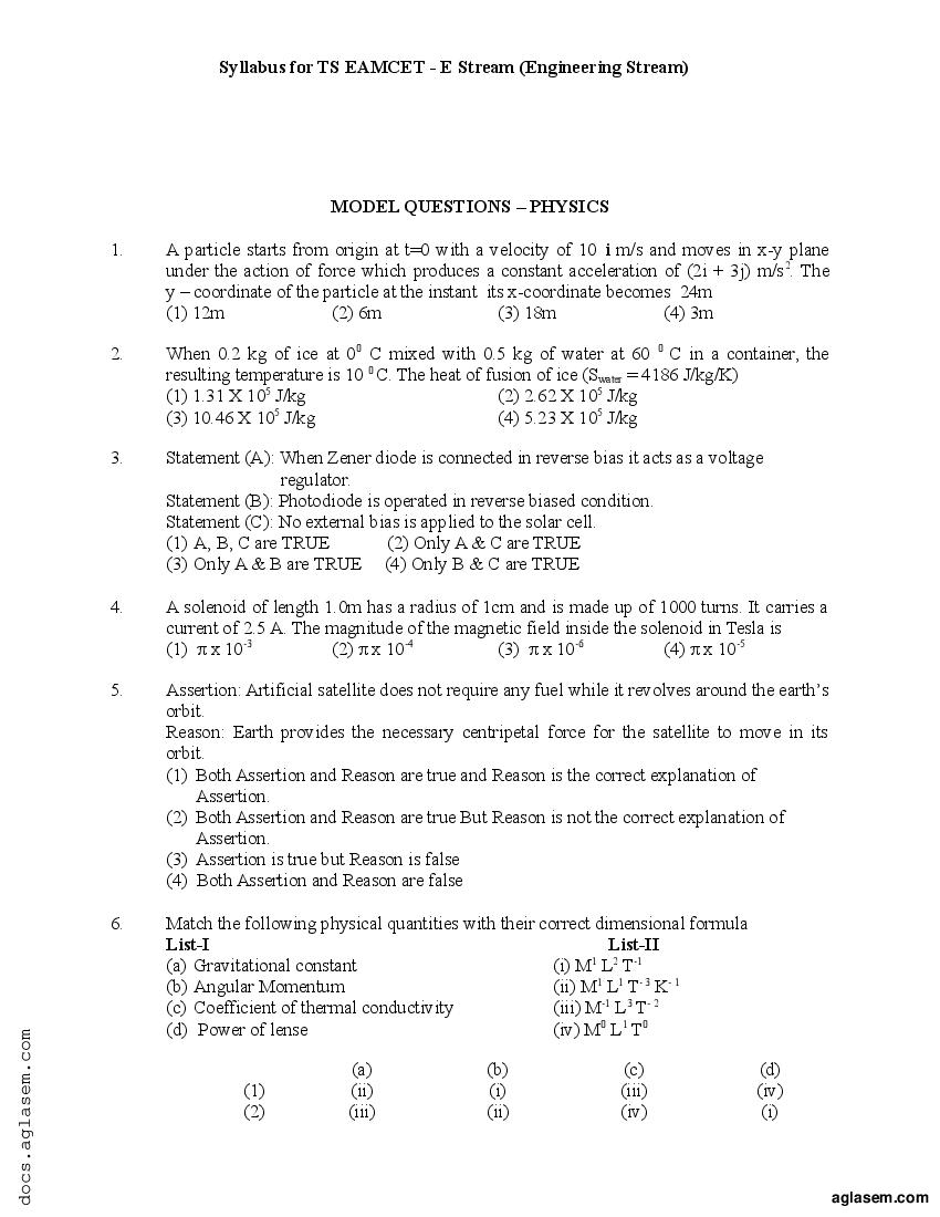 TS EAMCET Model Paper Physics - Page 1