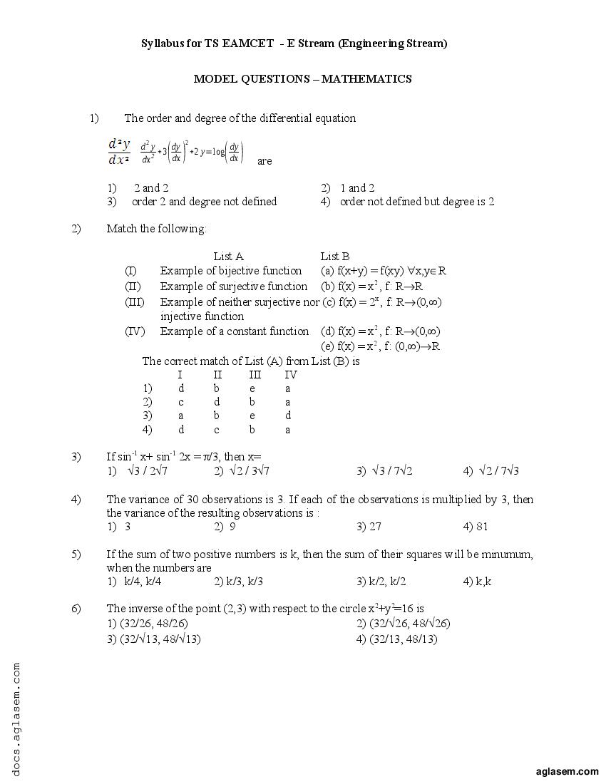 TS EAMCET Model Paper Maths - Page 1