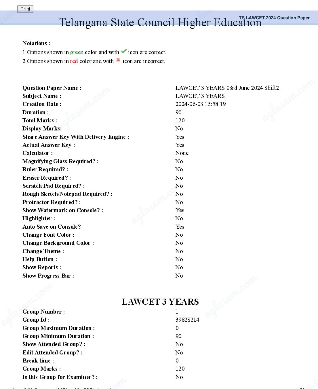 TS LAWCET 2024 Question Paper PDF (2 Papers, Answers Marked)