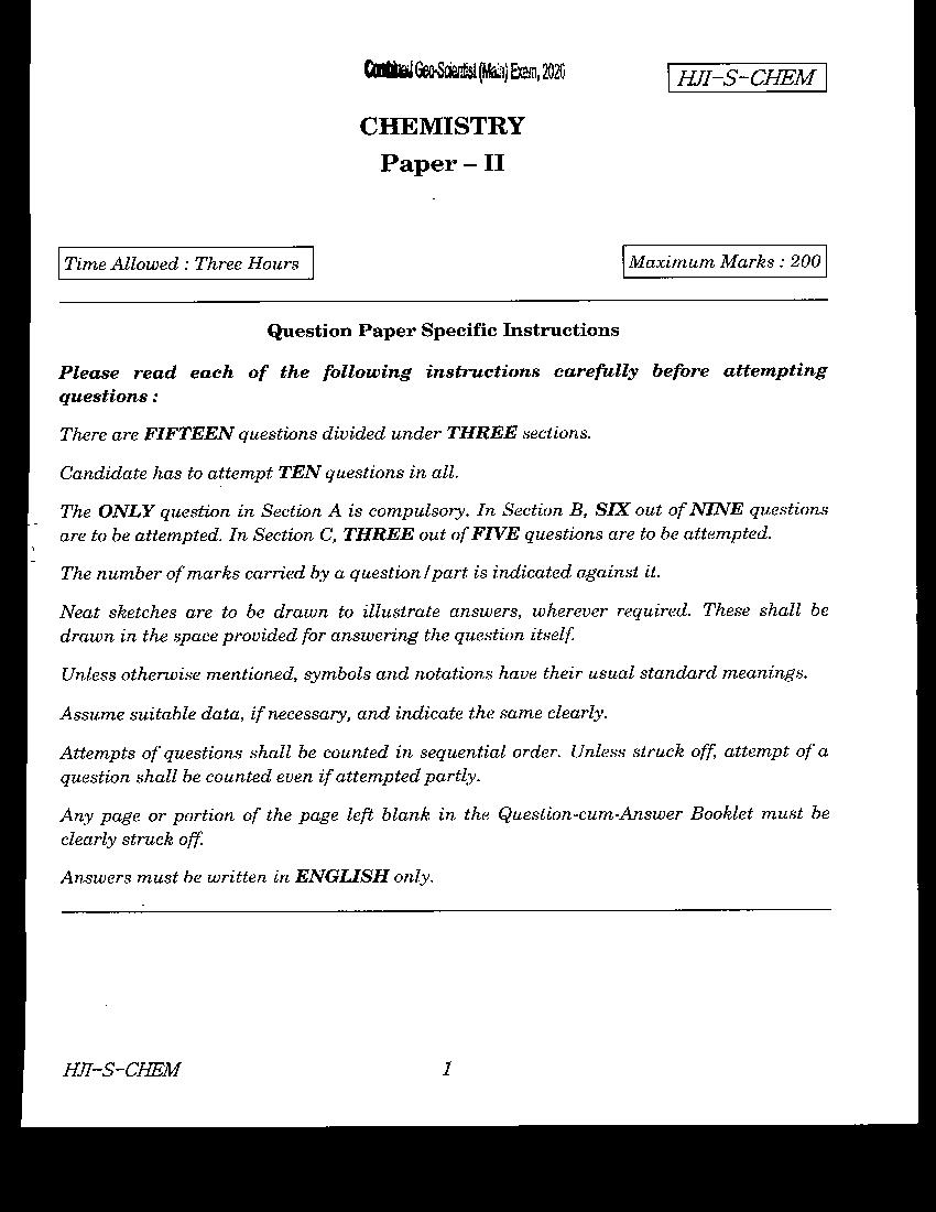 UPSC CGGE 2020 (Mains) Question Paper Chemistry Paper II - Page 1
