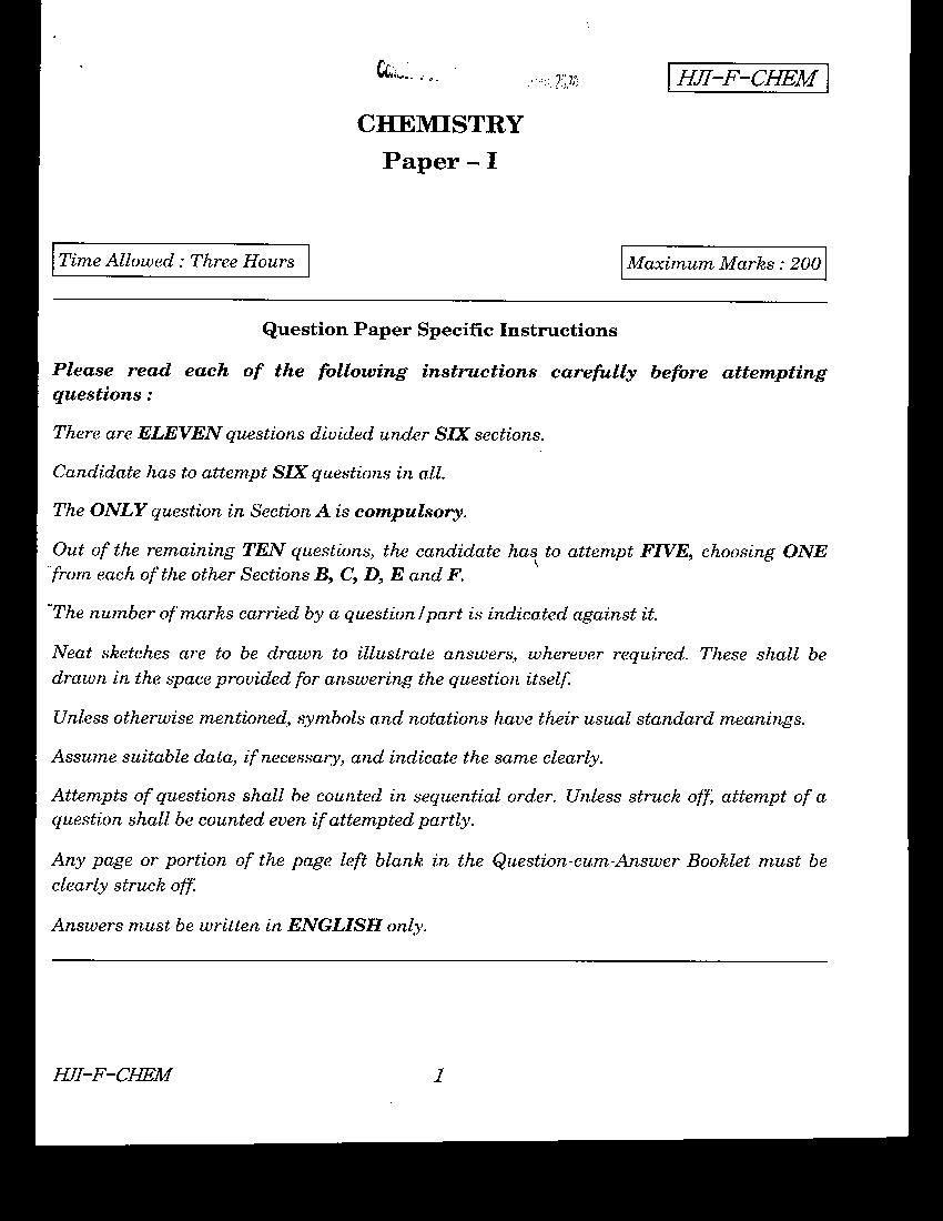 UPSC CGGE 2020 (Mains) Question Paper Chemistry Paper I - Page 1