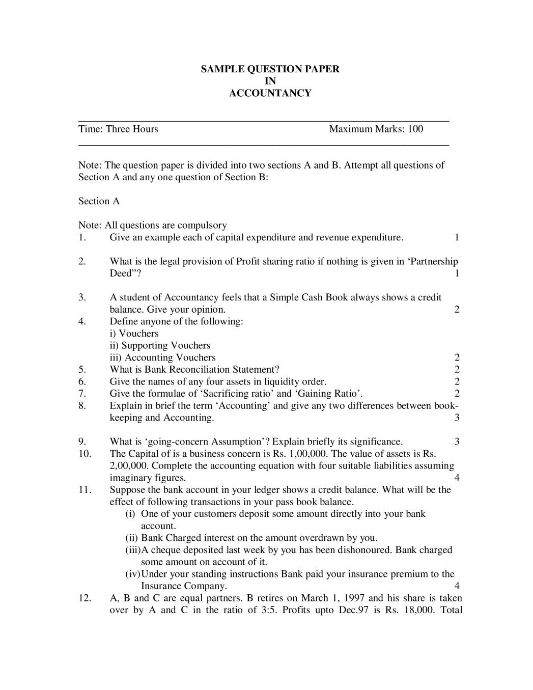NIOS Class 12 Sample Paper 2020 - Accountancy - Page 1