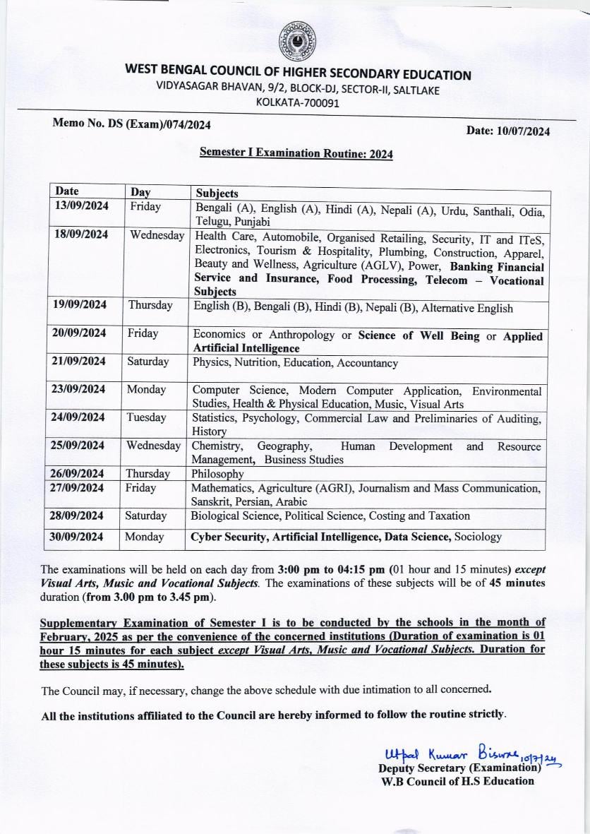 West Bengal Board I Semester Routine 2024 - Page 1