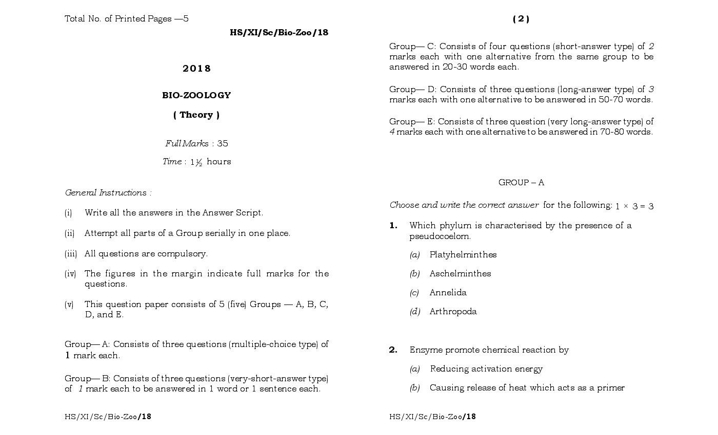 MBOSE Class 11 Question Paper 2018 for Bio-Zoology - Page 1