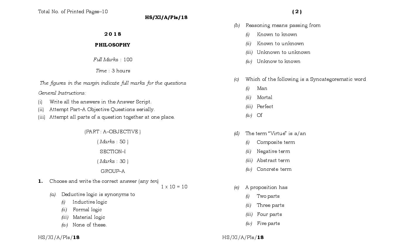 MBOSE Class 11 Question Paper 2018 for Philosophy - Page 1