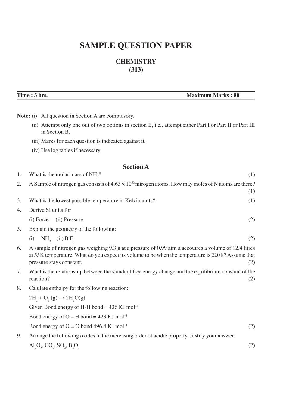 NIOS Class 12 Sample Paper 2020 - Chemistry - Page 1