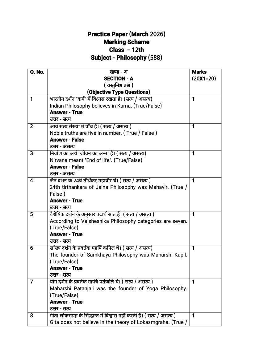 HBSE Class 12 Sample Paper 2026 Answers Philosophy - Page 1