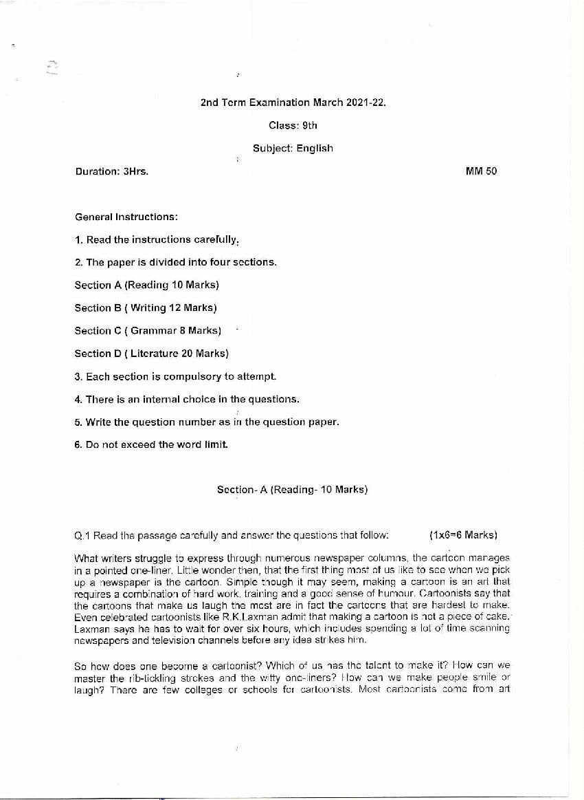 HP Board Class 9 Model Question Paper 2022 English Term 2