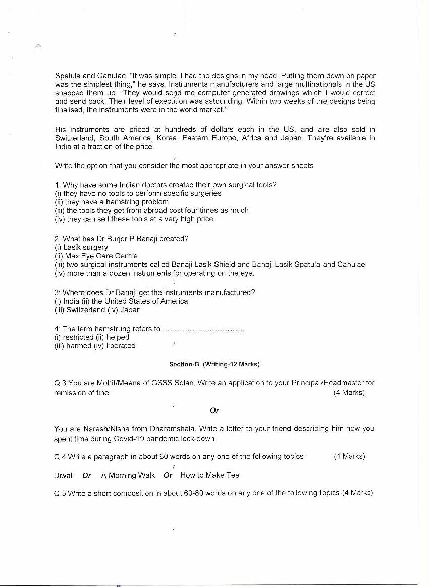 HPBOSE Class 9th Model Question Paper for English 2022 Download HP