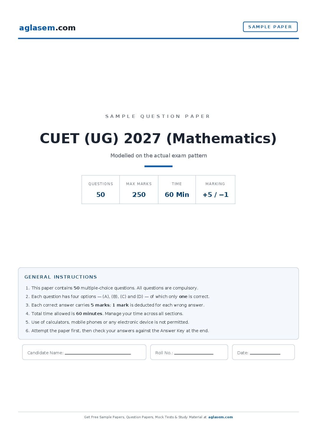 CUET (UG) 2027 Sample Paper (Mathematics) - Page 1 of 6