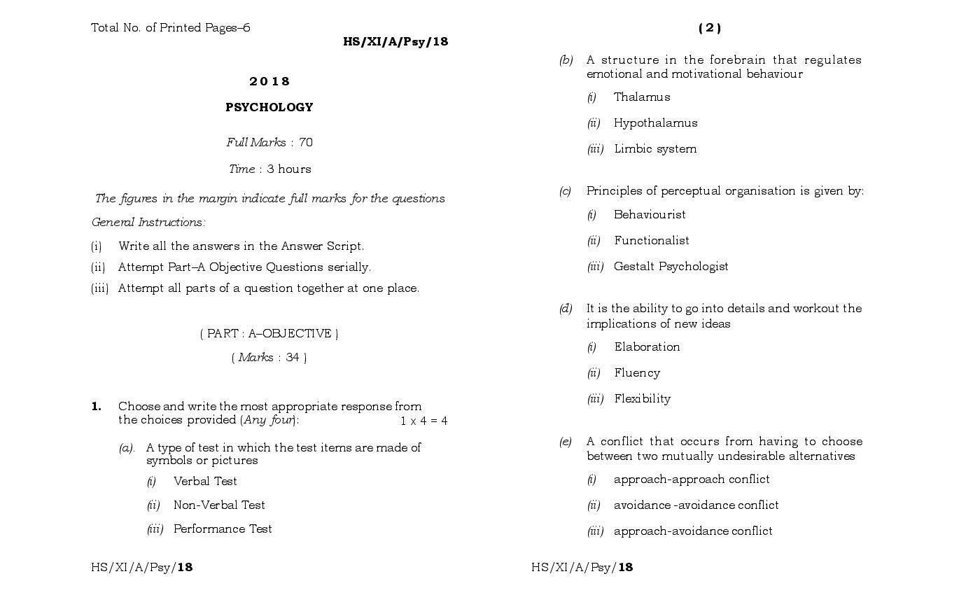 MBOSE Class 11 Question Paper 2018 for Psychology - Page 1