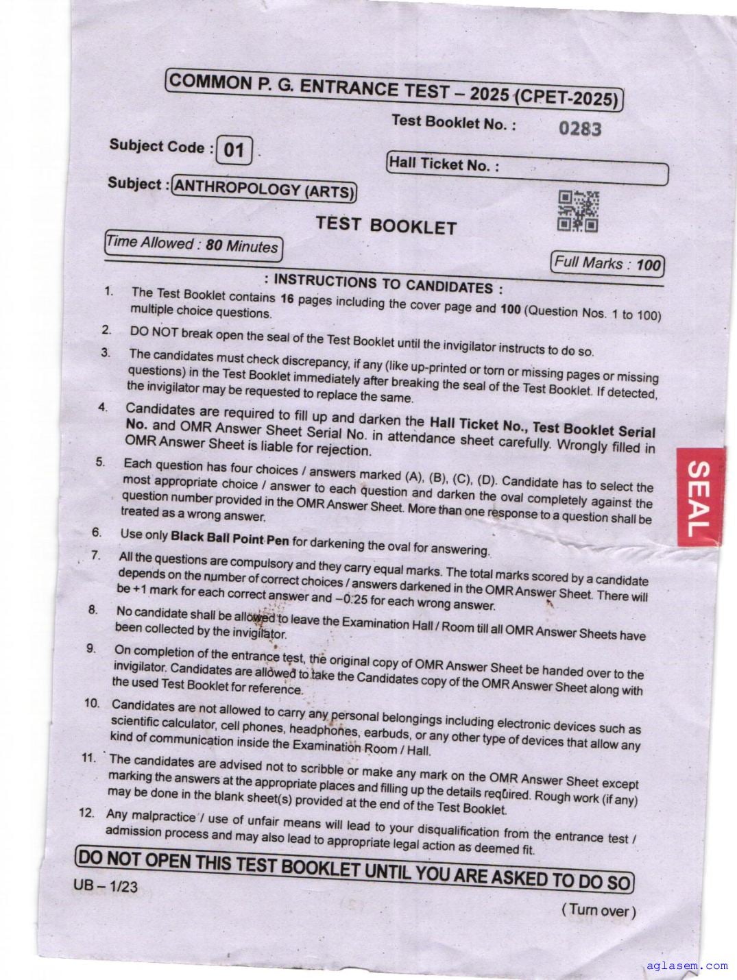Odisha CPET 2025 Question Paper Anthropology Arts - Page 1 of 16