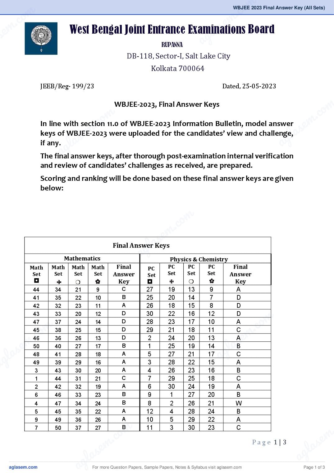 WBJEE 2023 Final Answer Key (All Sets) - Page 1 of 3