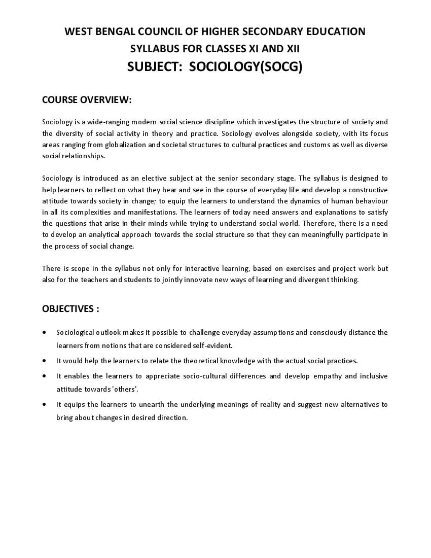 WBCHSE Class 12 Syllabus 2024 Sociology - Page 1