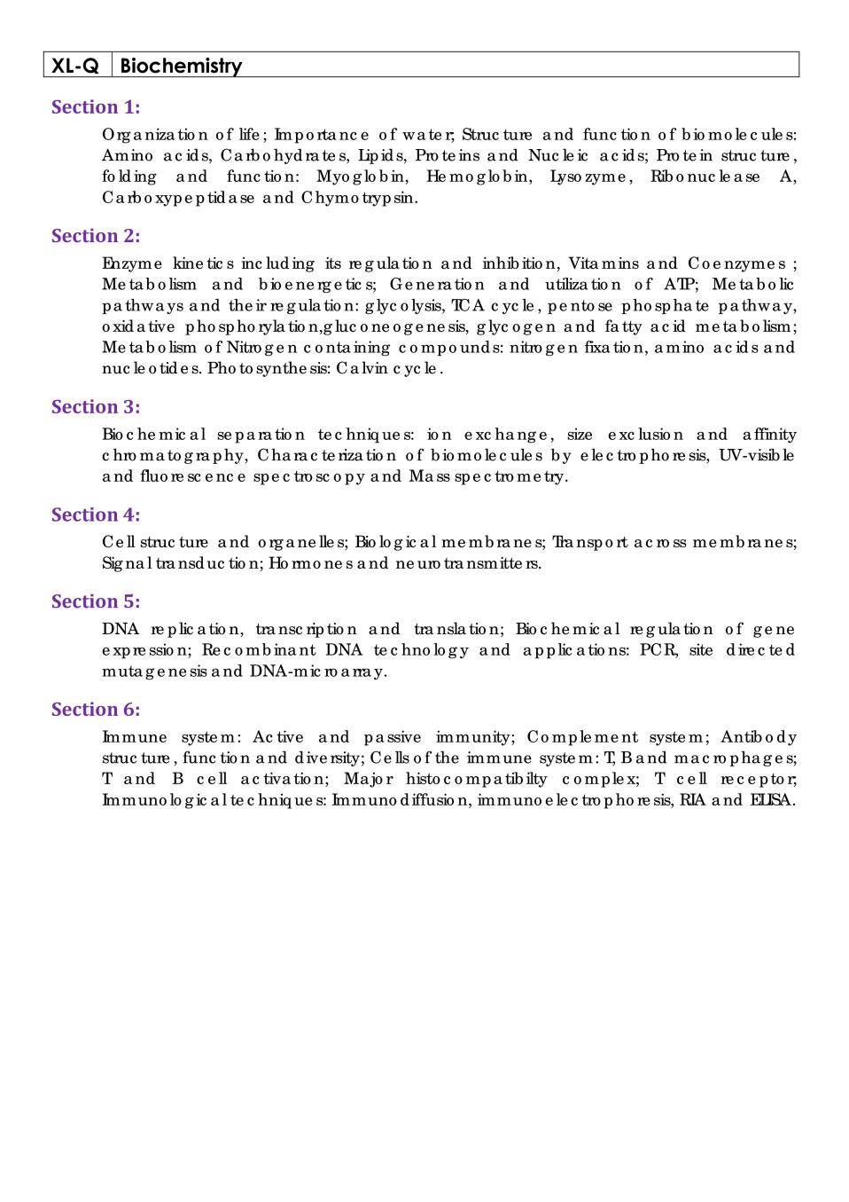 GATE 2020 Syllabus for Biochemistry (XL_Q)