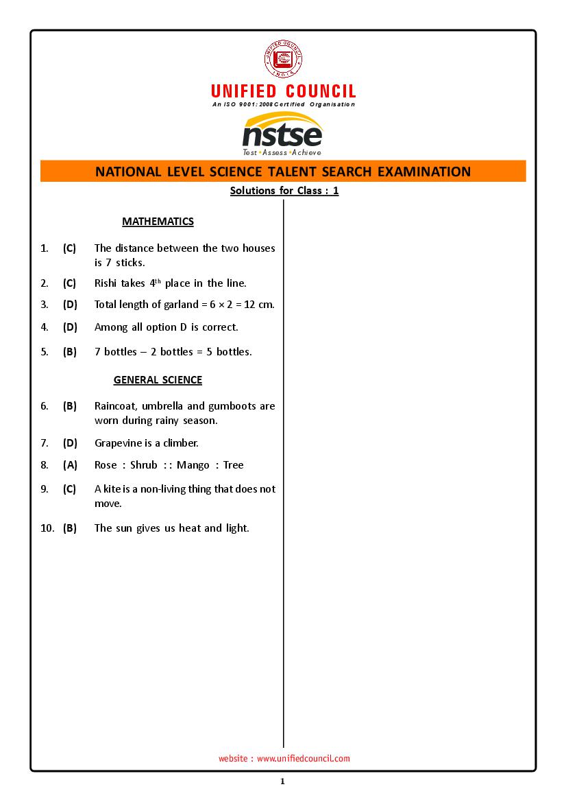 NSTSE Sample Paper Solutions Class 1 - Page 1