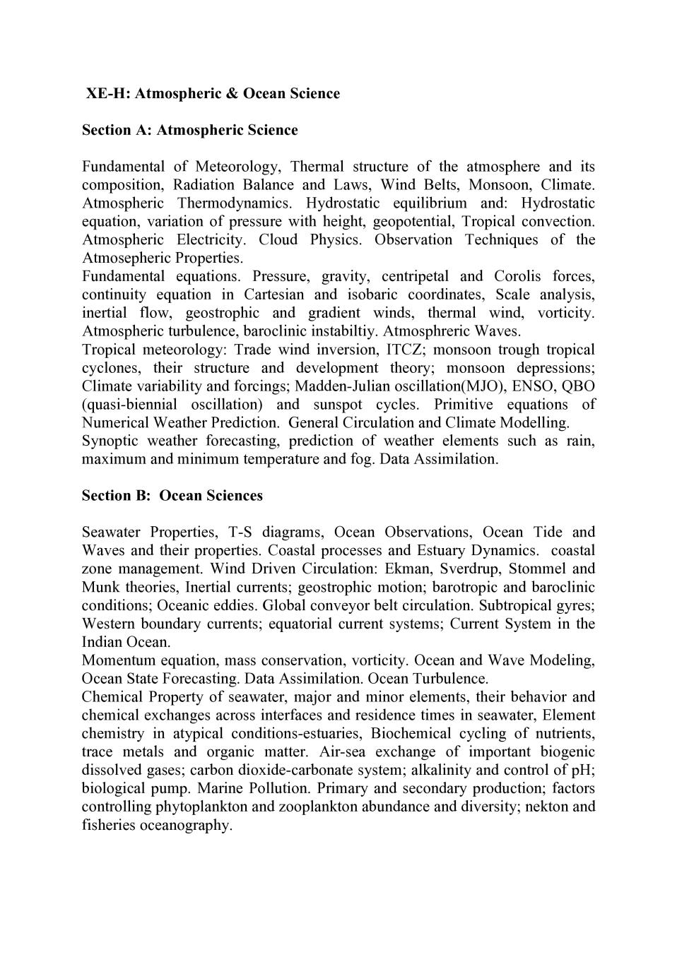 GATE 2020 Syllabus for Atmospheric Ocean Science (XE_H)