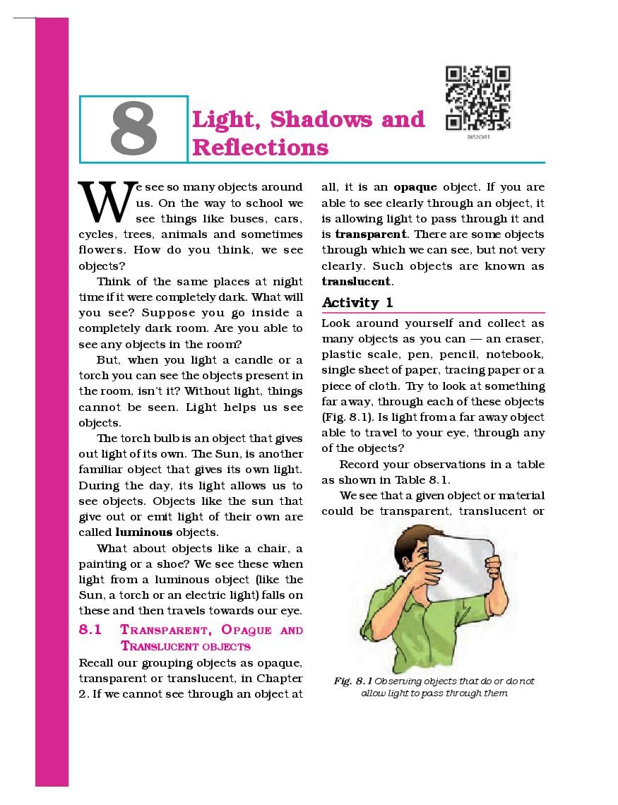 NCERT Book Class 6 Science Chapter 8 Light, Shadows and Reflections - Page 1