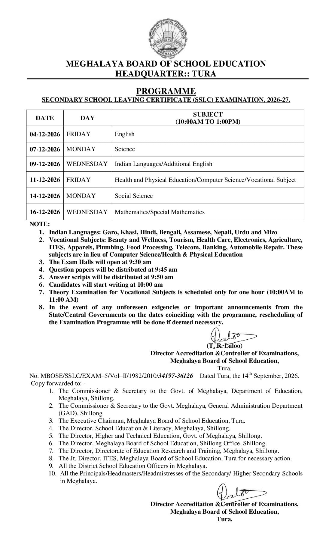 MBOSE SSLC Routine 2027 - Page 1 of 1
