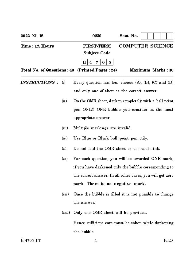 Goa Board Class 12 Question Paper 2022 Computer Science - Page 1
