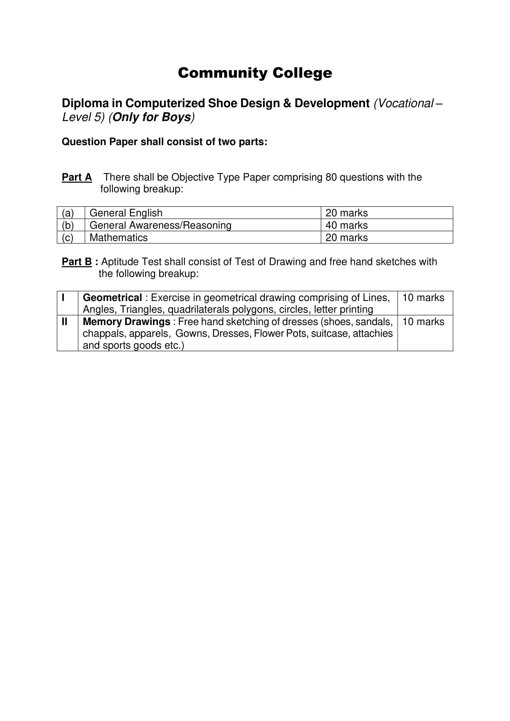 AMU Entrance Exam Syllabus for Diploma in Computerized Shoe Design & Development - Page 1