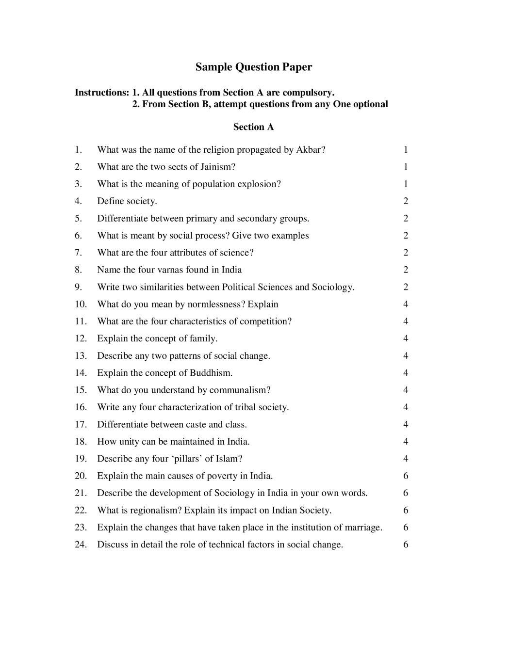 NIOS Class 12 Sample Paper 2020 - Sociology - Page 1