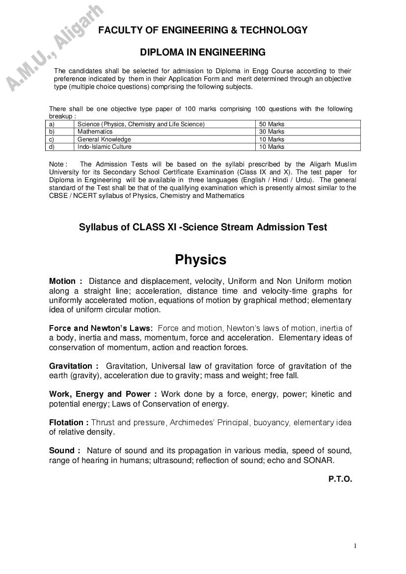 AMU Entrance Exam Syllabus for Diploma in Engineering - Page 1
