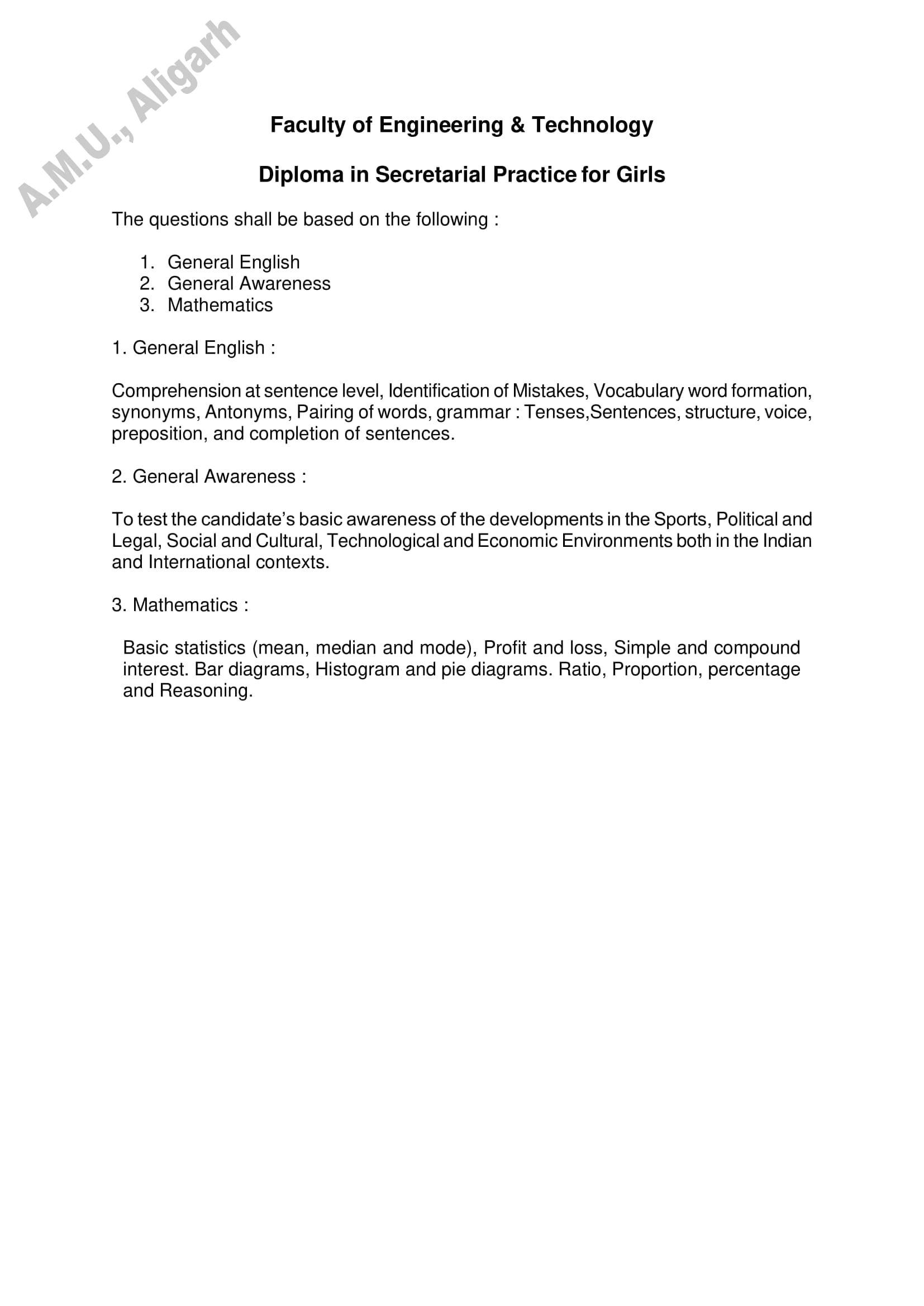 AMU Entrance Exam Syllabus for Diploma in Secretarial Practice for Girls - Page 1 of 1