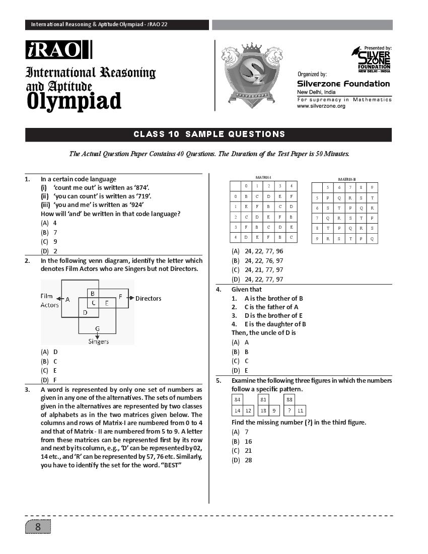 SilverZone iRAO Sample Paper 2022 Class 10  - Page 1