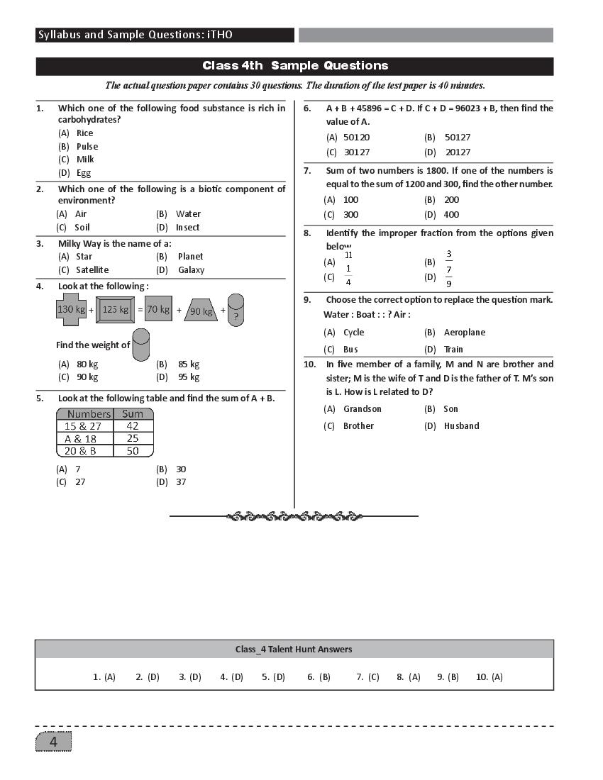 SilverZone iTHO Sample Paper Class 4 - Page 1 of 1