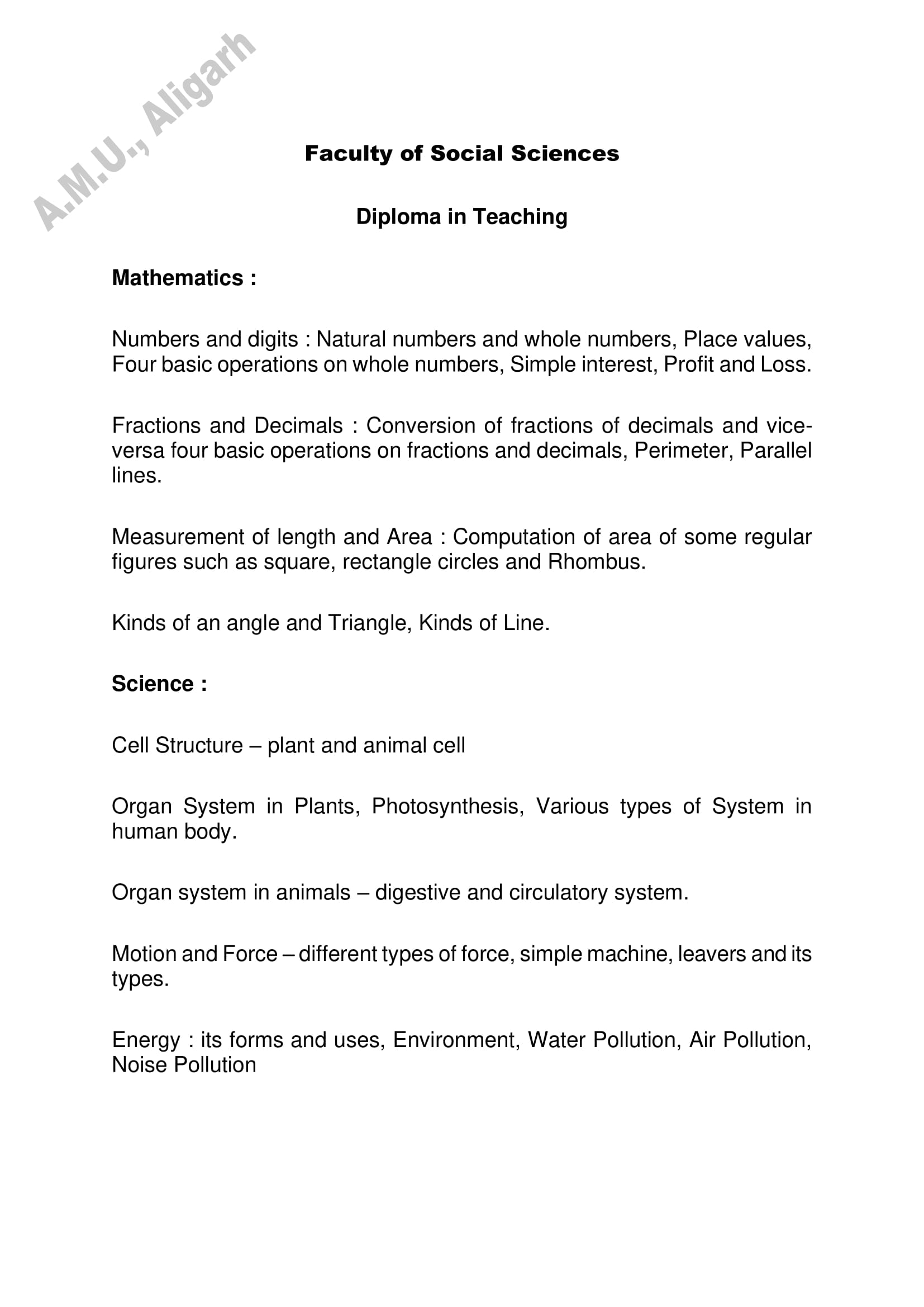 AMU Entrance Exam Syllabus for Diploma in Teaching - Page 1