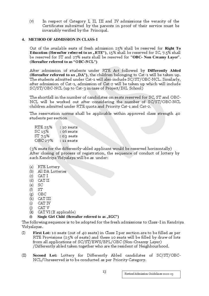 KVS Class 1 Admission Procedure 2022 - Page 1