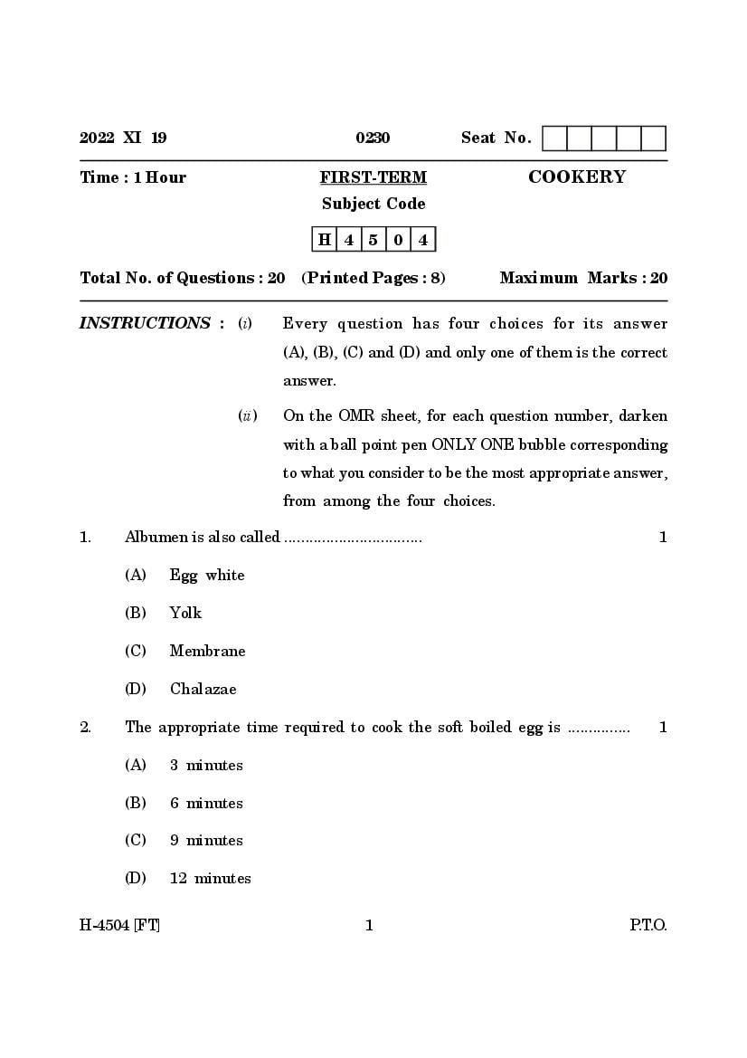 Goa Board Class 12 Question Paper 2022 Cookery - Page 1