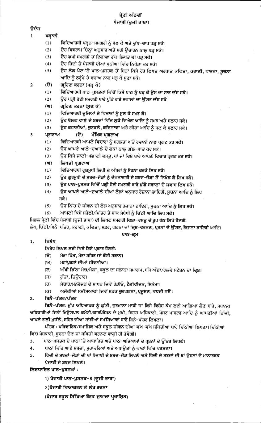 PSEB 8th Class Syllabus 2023 Punjabi 2nd Language - Page 1