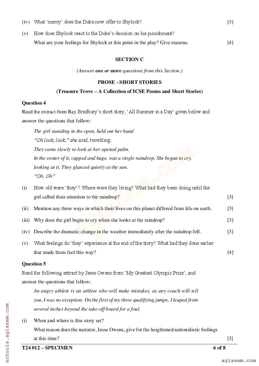 ICSE English Literature Specimen Paper 2024 (PDF) CISCE Class 10