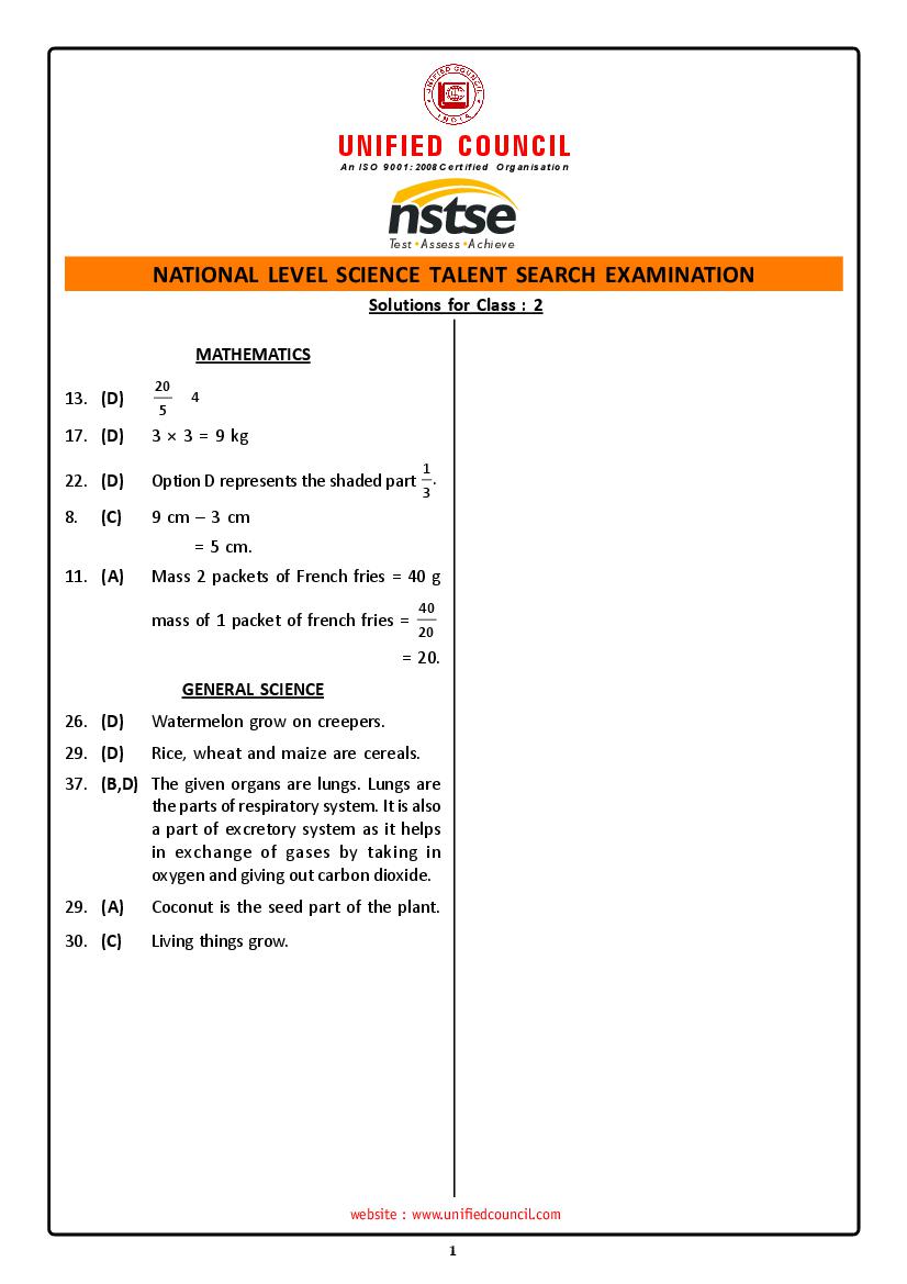 NSTSE Sample Paper Solutions Class 2 - Page 1