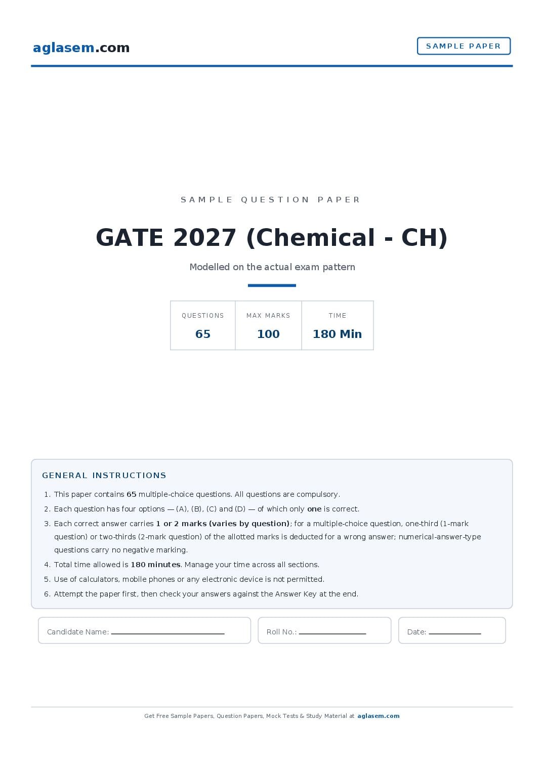 GATE 2027 Sample Paper (Chemical - CH) - Page 1 of 12