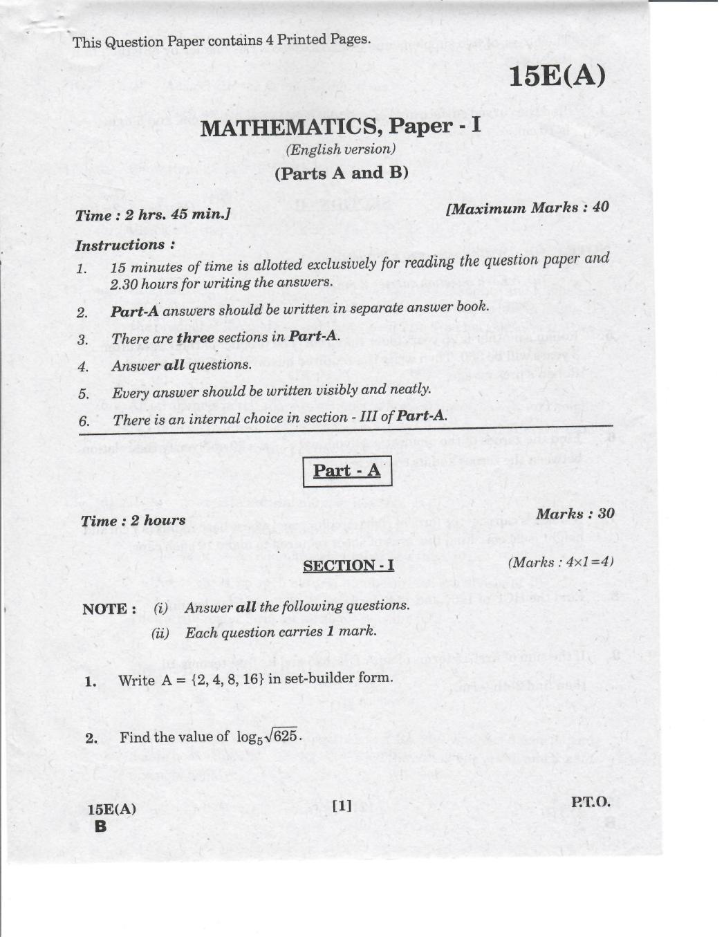 AP 10th Class Question Paper 2019 Mathematics - Paper 1 (English Medium) - Page 1