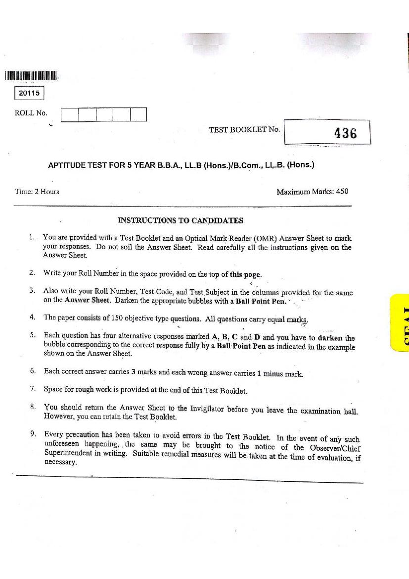 CUSAT CAT 2015 Question Paper 5 Year LLB - Page 1
