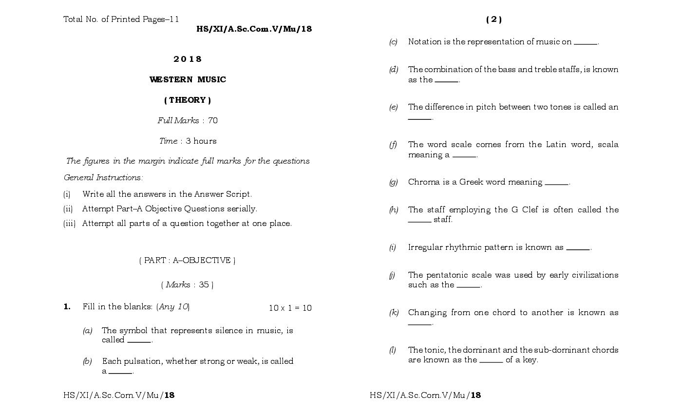 MBOSE Class 11 Question Paper 2018 for Western Music - Page 1