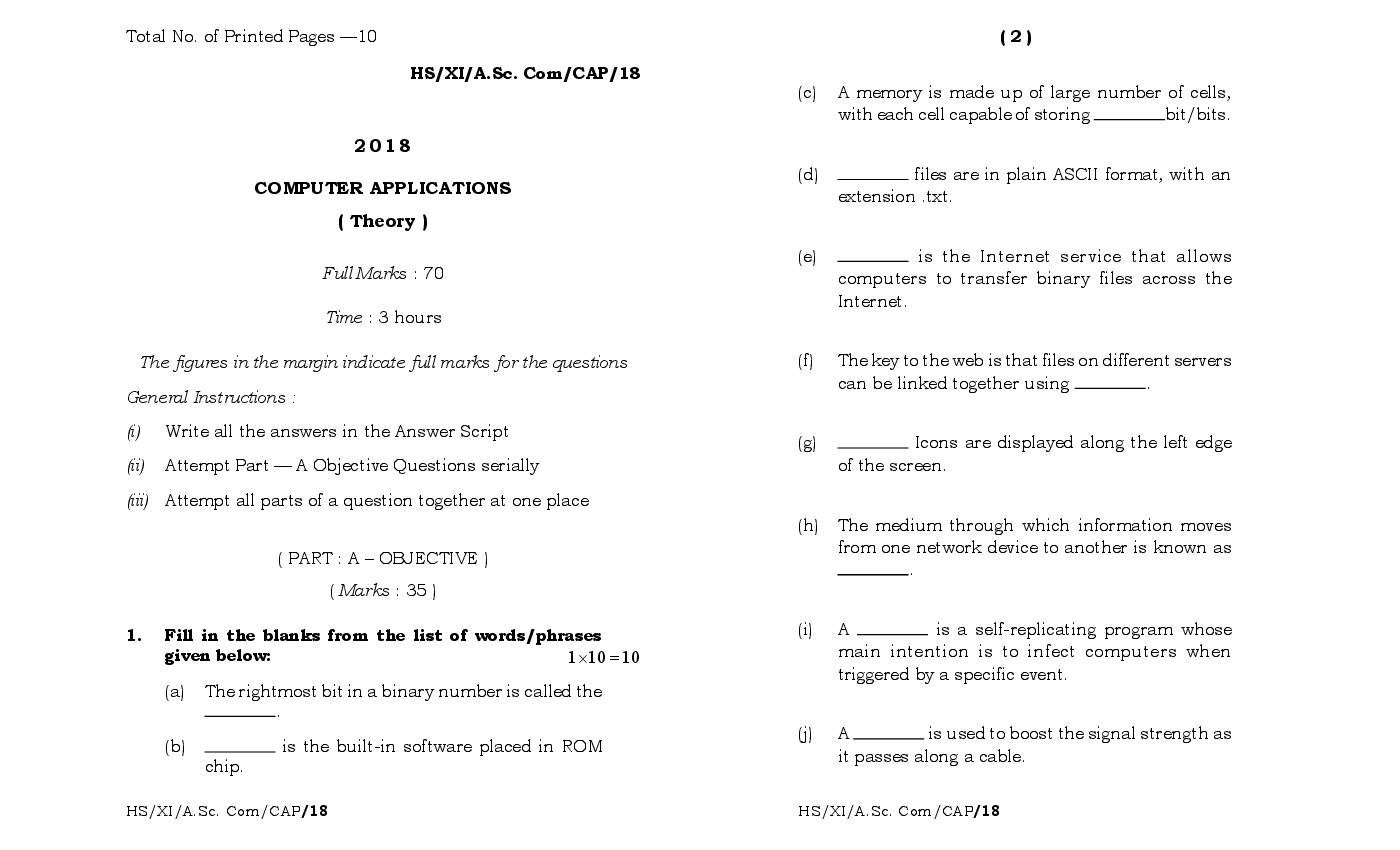 MBOSE Class 11 Question Paper 2018 for Computer Application - Page 1
