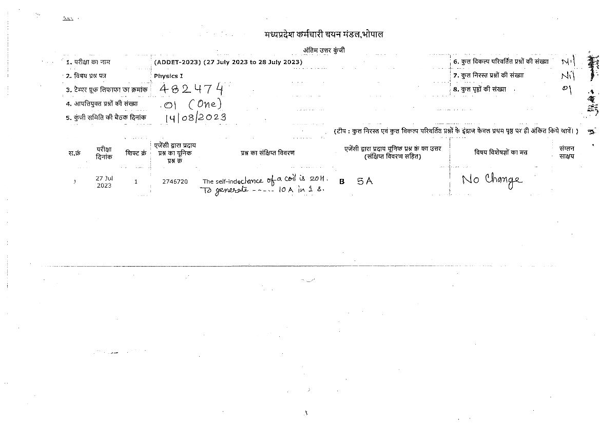 MP ADDET 2023 Final Answer Key - Page 1