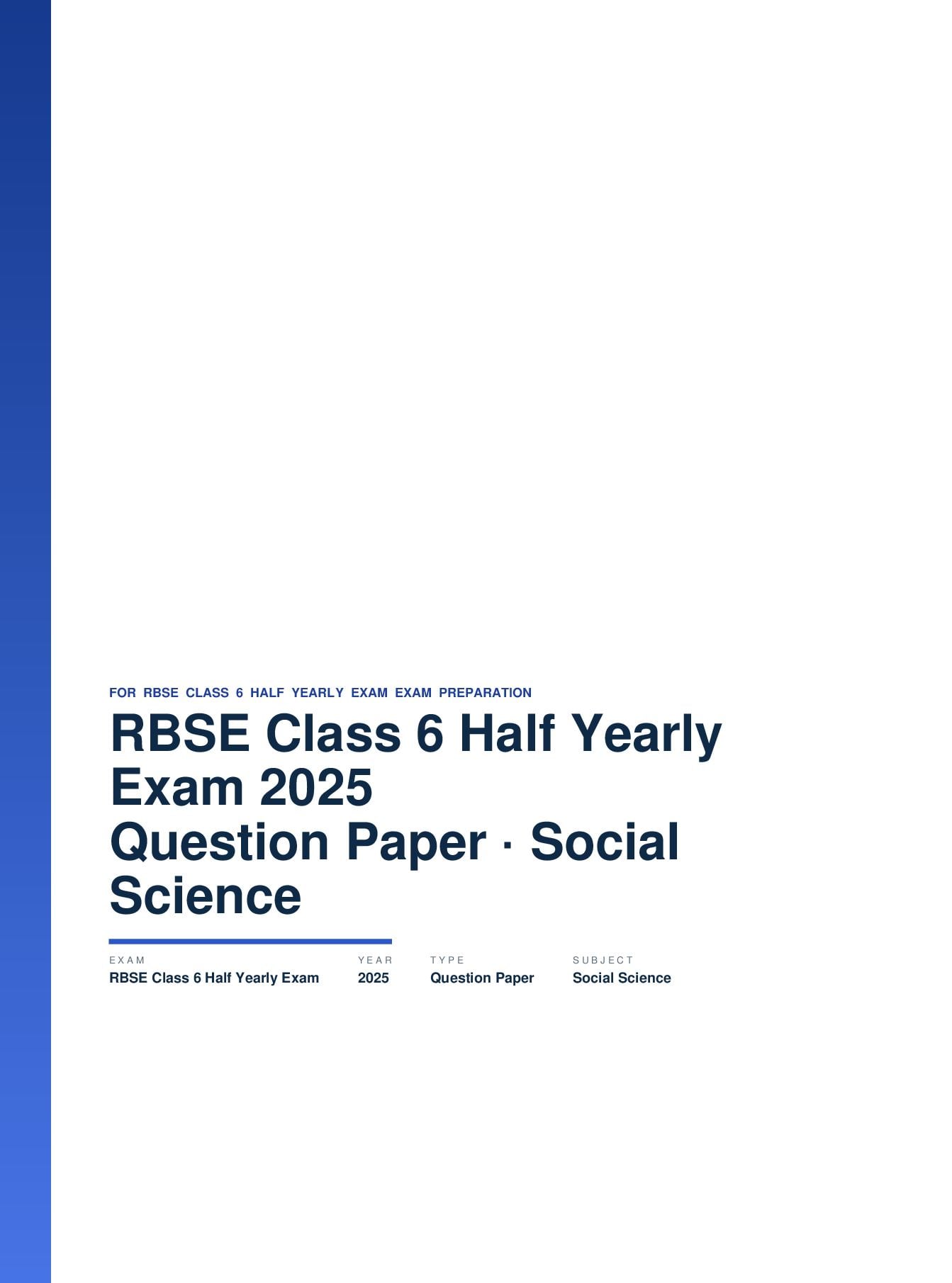 RBSE Class 6 Half Yearly Exam Question Paper 2025 Social Science - Page 1 of 3