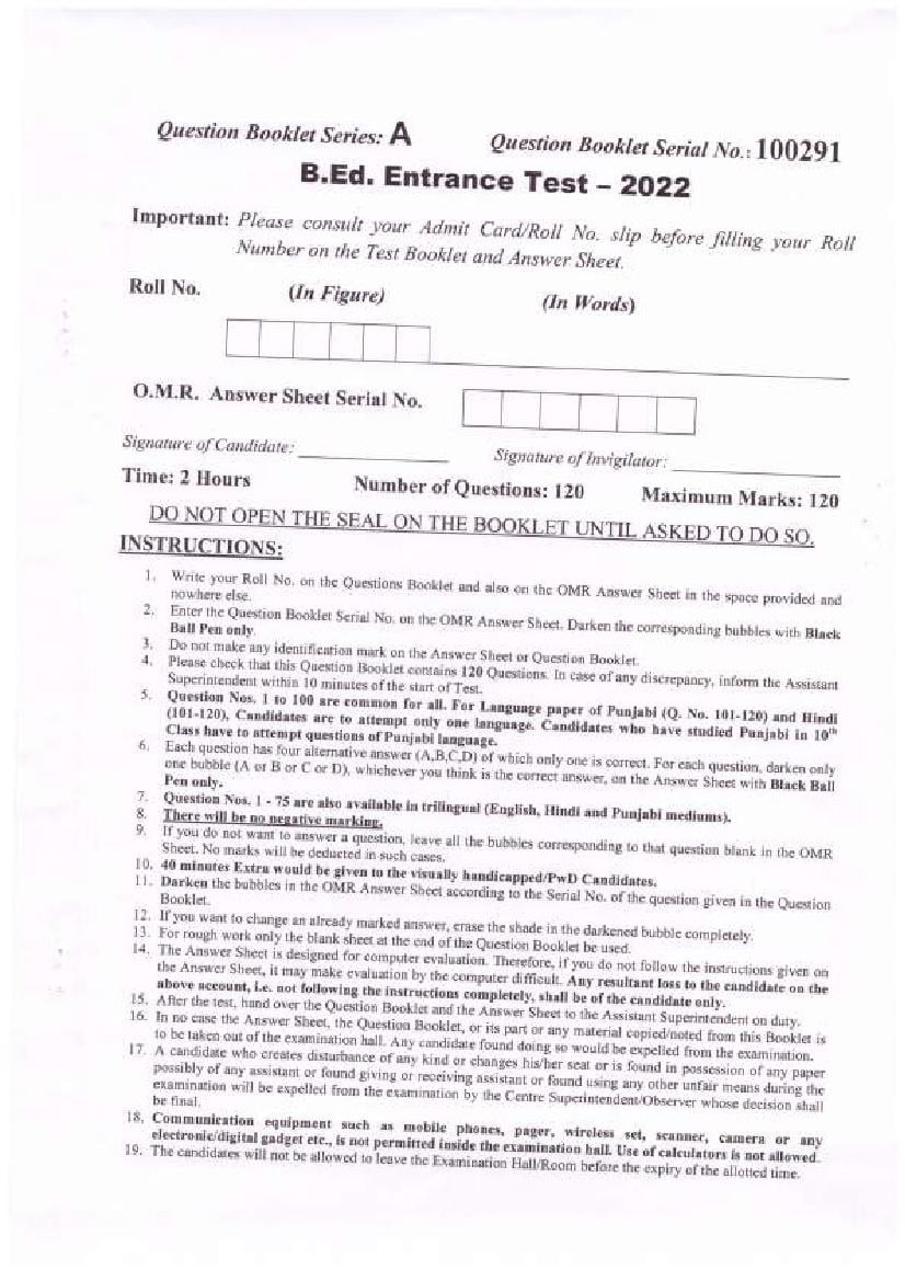 Chandigarh B.Ed 2022 Question Paper - Page 1 of 31